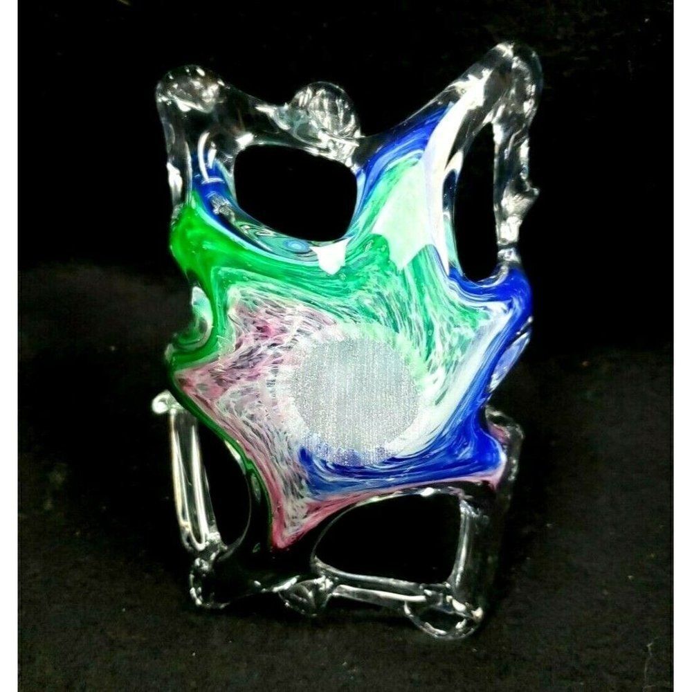 STUNNING! Vintage Art Glass Basket Candy Dish Blue Pink Green Swirl Colorful - Picture 6 of 6